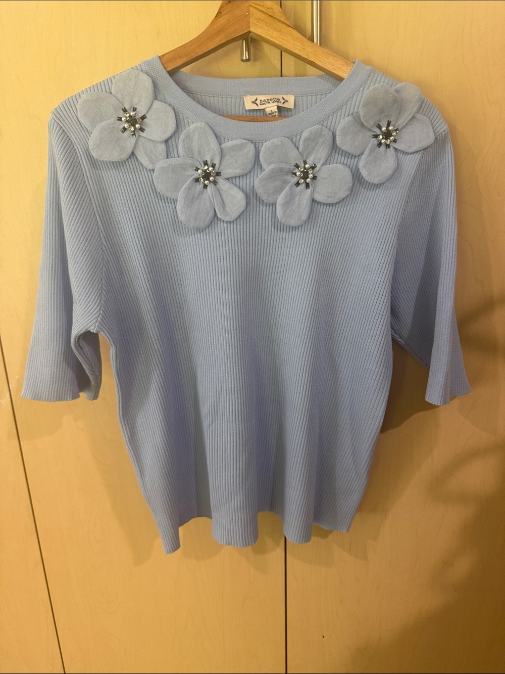 Nannette Light Blue Floral-Applique Ribbed Top